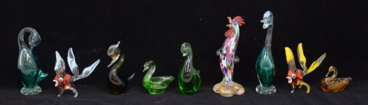 Murano glass. A collection of nine pieces, including two swans, standing rooster (comb broken),