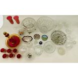 A collection of 20th century cut glass lead bowls, dishes including mid 20th century ruby glass