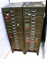 A pair of 1930-50s fifteen drawer green metal tool cabinets 100cm x 40cm x 28cm