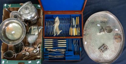 A collection of silver plated wares to include; Walker & Hall coffee service with tea pot, cream jug