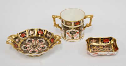 Royal Crown Derby 1128 Imari pattern - A two handled loving cup, second quality, a small fluted