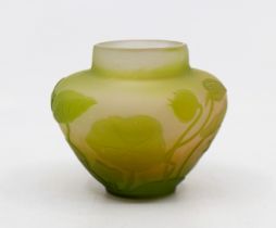 Galle - A small globular green ground glass vase, the body acid etched with floral and leaf
