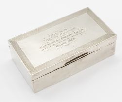 A George V silver and cedar wood rectangular cigarette box, two compartments within and the hinged