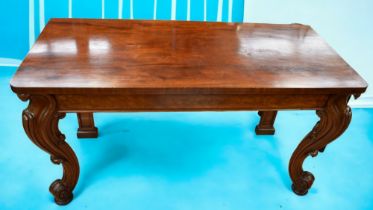 Large heavy mid 19th century mahogany scrolled legged buffet table on padded feet.