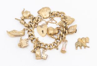 A 9ct gold charm bracelet, comprising a Albert link chain, width approx 8mm, 180mm, comprising