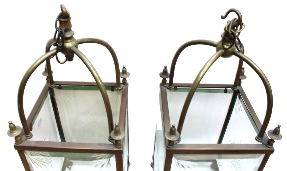 A pair of early to mid 19th Century etched glass and brass cased lanterns, brass finials and hanging - Image 2 of 2