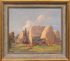 N. Haslewood (20th century), an early 1920s oil on canvas of "Hay Ricks", signed twice both bottom