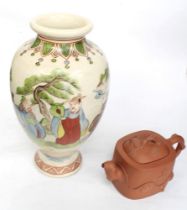 A Japanese vase with figural decoration, and a small 20th century Chinese teapot, marked to base
