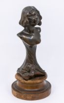 An early 20th Century Art Nouveau cast bronze bust of a Lady figurine, with floral design and on a