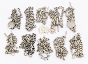 A collection of ten silver albert link fob watch chains, to include graduated versions and uniform