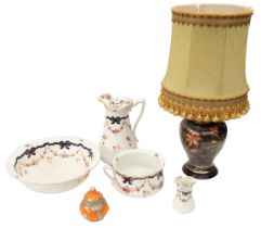 An Edwardian wash bowl set with bed pot, along with a Chinese vase lamp and Indian pot