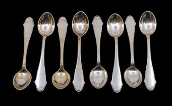 Eight matching Danish silver tea spoons, all having the same early to mid 20th century design,