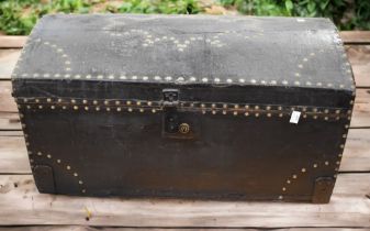 Black Victorian travel chest with studded detail along with early 20th century metal travel chest.