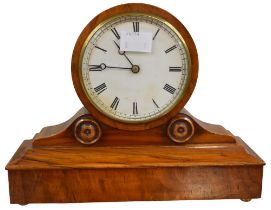 A small burr veneered wooden cased mantel clock, probably mid to late 19th Century, brass feet and