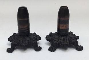 A good pair of Boer War / WW1 era Trench Art 37mm Vickers Pom-Pom shell spill vases, mounted on to