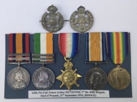 A Boer War / WW1 1914 Star casualty group, awarded to 6308 Pte / Cpl Ernest Arthur Silvester of