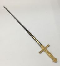 Replica Napoleon ceremonial sword with wooden wall mount and plaque. With gilt brass hilt,