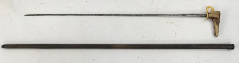 German early 19th century Klingenthal, Coulaux sword stick with antler handle, blade length 64cm,