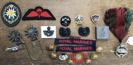 Collection of Military cap & uniform badges with buttons, including two SBS (Special Boat Service)