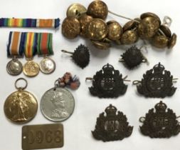 British WW1 Victory Medal with miniatures, cap badges and buttons (8 large, 12 small) to 2nd