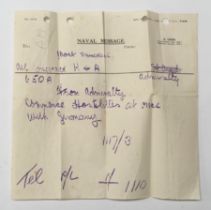 A scarce early WW2 era original Royal Navy telegram announcing the immediate commencement of