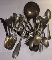 A collection of French silver and silver plated cutlery to include a French silver ladle, 800g total