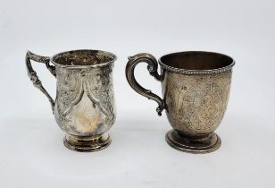 A Victorian silver mug, London 1864, no makers mark, with beaded rim and side chased and engraved