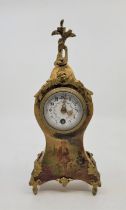 A small early 20th century French ormolu mounted hand painted wooden mantle clock, 8 day movement,