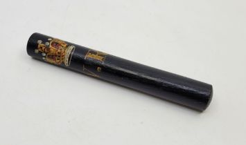 A Victorian ebonised wooden pocket tipstaff, polychrome painted crown above "V.R", possibly