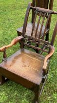 An 18th cent rocking chair and two 18th cent hall chairs