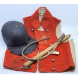 A William IV horse riding outfit, comprising red waistcoat, hat and whip, the waistcoat collar