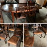 Dinning Table and 8 leather chairs  (2 carvers) extended measures 216cms long x 160cms w x73cms h.