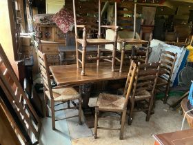 Oak refectory table, 20th century.  2 carved baluster supports with single central stretcher .  plus