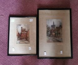 Pair of river scene watercolours signed R Wilding ERA 03 Pair of street scene prints Early 20thC oil