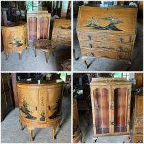 Group of four decorated pieces including a demi lune drinks cabinet, china cabinet, pie crust