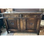 Early 20th Century Oak Mirror backed dresser. Upper plinth detailed dentil carving over a bevelled