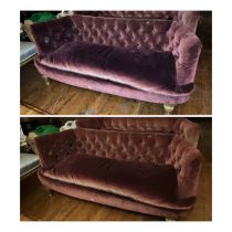 A pair of Plum salon/boudoir sofas, deep plum with some sun bleaching to fronts, Plump feather