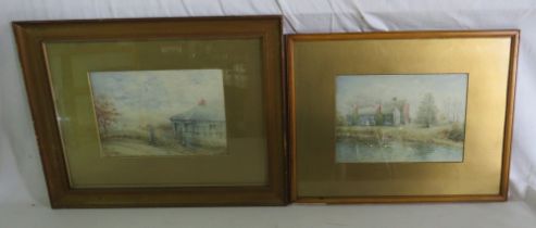 2 watercolours of a country house by a river and a gate house, signed W H Higson dated 1944, 17cm