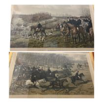 A pair of hunting scene engravings. " The Blue and Buff"   titled great wood, going away and lower