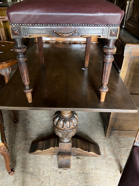 Oak refectory table and 4 leather chairs (untested but assumed leather)  refectory base with