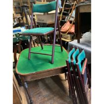 Card Table and four green padded folding chairs  (5)73cms h x 86cms sq