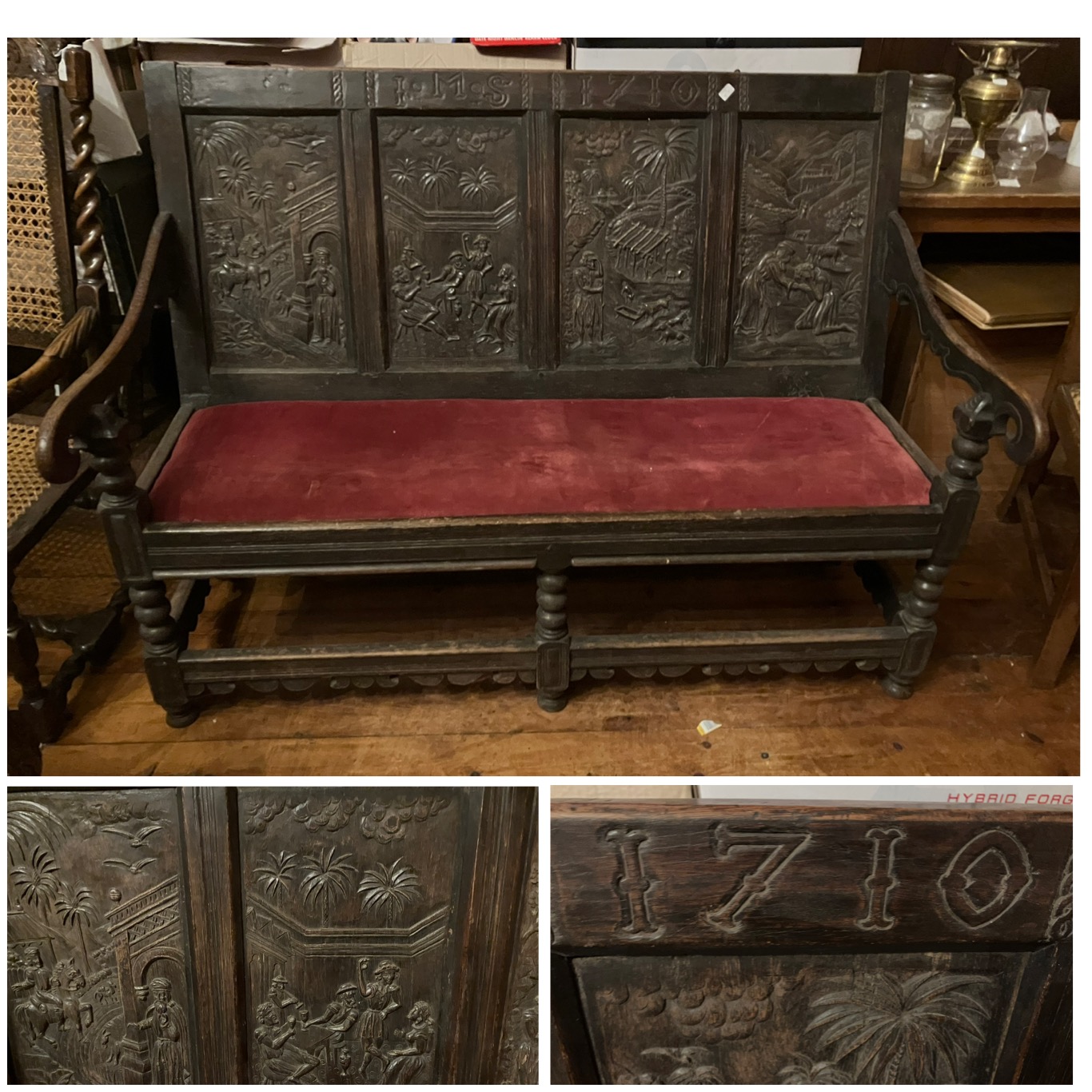 18th century and later carved oak settle  carving dated 1710