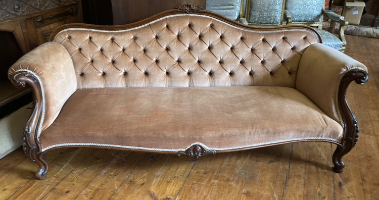 Victorian Pink Sofa mahogany carved frame , scrolled arms with carved detail cariole legs and claw