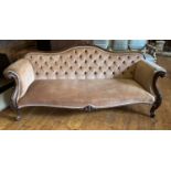 Victorian Pink Sofa mahogany carved frame , scrolled arms with carved detail cariole legs and claw