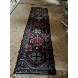 Persian style/Middle eastern carpet runner blue with red diamond pattern 9'10 x 28"