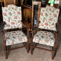 Pair of oak barley twist fire side chairs upholstered