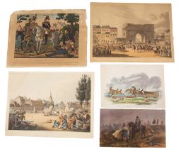 Napoleonic Wars. A collection of prints to include two hand-coloured aquatint etchings by R. Bowyer,