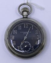 A WW1 era military pocket watch, by H.Williamson Ltd. Black dial with luminescent Arabic numerals
