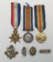 A WW1 1915 star trio and badges, awarded to 13312 Pte James Shreeves of the 8th Kings (Royal