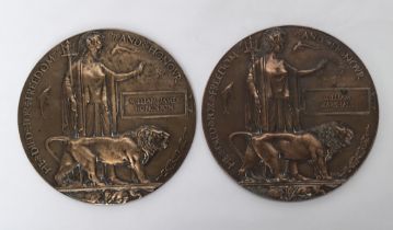 2 WW1 death plaques, both relating to Ann Ellen Jones, who was widowed twice as a result of the
